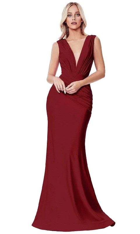 Open Back Dress Cinderella Divine CD912 - Plunging Ruched Evening Gown