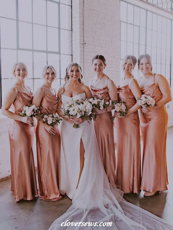 Off-Shoulder Gown Croal Pink Silk Satin Spaghetti Strap Sheath Long Bridesmaid Dresses, CB0319 Off-Shoulder Gown Croal Pink Silk Satin Spaghetti Strap Sheath Long Bridesmaid Dresses, CB0319