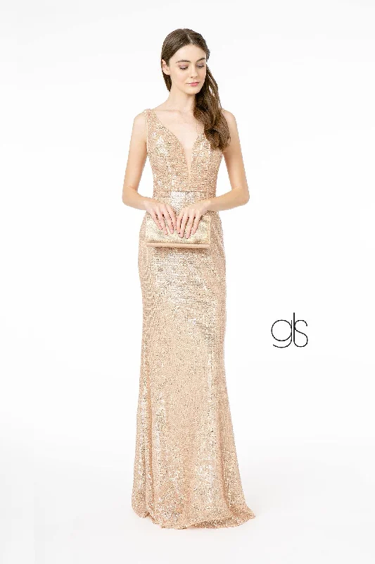 Dramatic Ball Gown Deep Illusion V-Neck Sequin Long Prom Dress