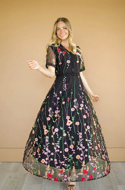 Ruched Gown Diana Embroidered Black Floral Dress - DM Exclusive