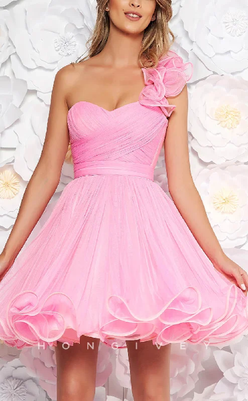 Structured Evening Gown H1902 - Sexy Sweetheart One Shoulder Sashes A-Line  Ball Gown Short Party/ Homecoming Dress