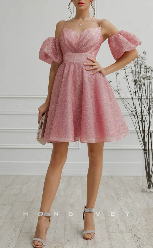 Perfect Fit Dress H1919 - Elegant/Sexy A-Line Puff Sleeves Gown Spaghetti Straps Glitter Short Homecoming Dress Perfect Fit Dress H1919 - Elegant/Sexy A-Line Puff Sleeves Gown Spaghetti Straps Glitter Short Homecoming Dress