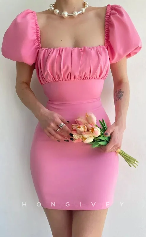 Winter Ball Gown H1948 - Simple & Casual Fitted Square Ruched Puff Sleeves Gown Lace-Up Short Homecoming Dress Winter Ball Gown H1948 - Simple & Casual Fitted Square Ruched Puff Sleeves Gown Lace-Up Short Homecoming Dress