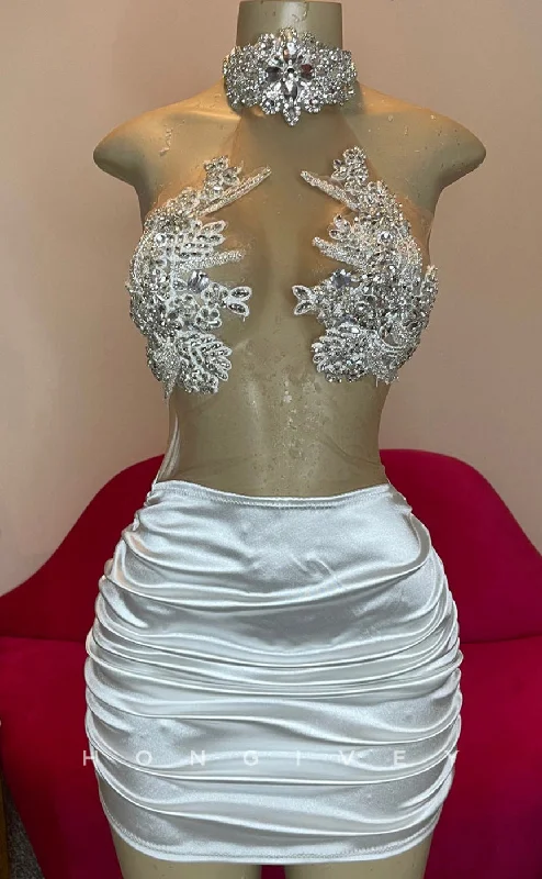 Tulle Gown H1996 - Sexy Fitted Illusion Appliques Sleeveless Halter Ruched Short Homecoming Dresses For Black Women Tulle Gown H1996 - Sexy Fitted Illusion Appliques Sleeveless Halter Ruched Short Homecoming Dresses For Black Women