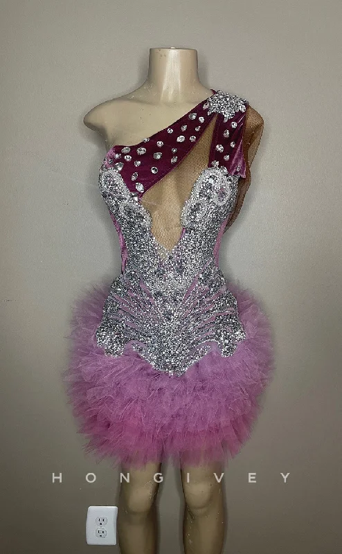 One-Shoulder Gown H2000 - Sexy Fitted Glitter One Shoulder Rhinestone Sequins Embellished Tulle Homecoming Dresses For Black Women One-Shoulder Gown H2000 - Sexy Fitted Glitter One Shoulder Rhinestone Sequins Embellished Tulle Homecoming Dresses For Black Women
