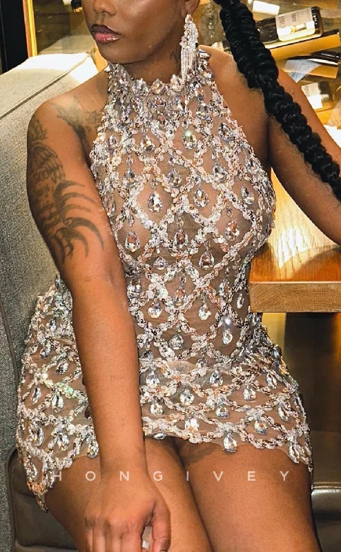 Halter Neck Dress H2001 - Sexy Fitted Sheer Ballgown Crystal Beaded Halter Homecoming Dresses For Black Women Halter Neck Dress H2001 - Sexy Fitted Sheer Ballgown Crystal Beaded Halter Homecoming Dresses For Black Women