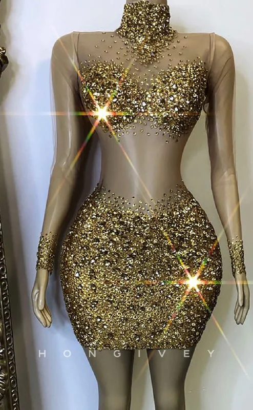 Elegant Evening Dress H2003 - Sexy Fitted Glitter Illusion High Neck Long Sleeves Rhinestone Homecoming Dresses For Black Women Elegant Evening Dress H2003 - Sexy Fitted Glitter Illusion High Neck Long Sleeves Rhinestone Homecoming Dresses For Black Women