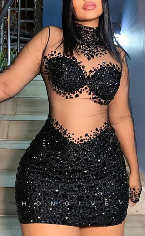 Floor-Sweeping Gown H2005 - Sexy Fitted Black Illusion High Neck Lace Long Sleeves Beaded Homecoming Dresses For Black Women Floor-Sweeping Gown H2005 - Sexy Fitted Black Illusion High Neck Lace Long Sleeves Beaded Homecoming Dresses For Black Women