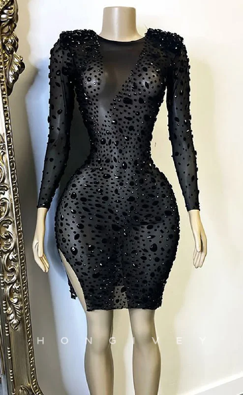 Simple Formal Dress H2007 - Sexy Fitted Sheer Ballgown Round Long Sleeves Fully Beaded Homecoming Dresses For Black Women Simple Formal Dress H2007 - Sexy Fitted Sheer Ballgown Round Long Sleeves Fully Beaded Homecoming Dresses For Black Women