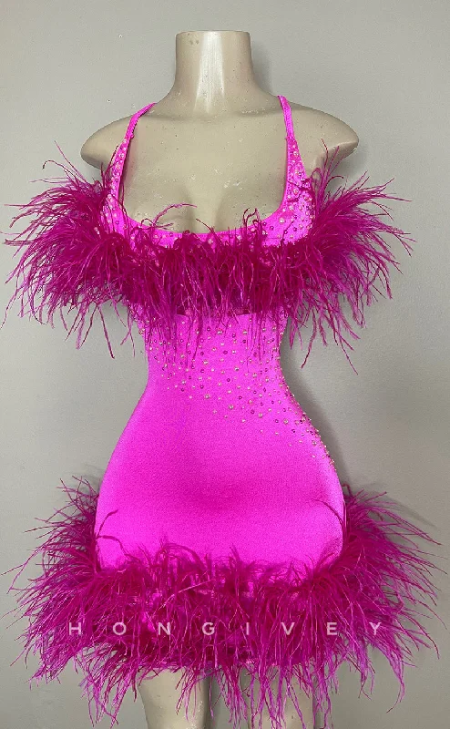 Sparkly Dress H2023 - Sexy Fitted Square Spaghetti Straps Feathers Short Homecoming Dress Sparkly Dress H2023 - Sexy Fitted Square Spaghetti Straps Feathers Short Homecoming Dress
