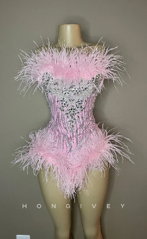 Slit Gown H2024 - Sexy Fitted Glitter Strapless Feathers Jumpsuit Short Homecoming Dresses For Black Women Slit Gown H2024 - Sexy Fitted Glitter Strapless Feathers Jumpsuit Short Homecoming Dresses For Black Women