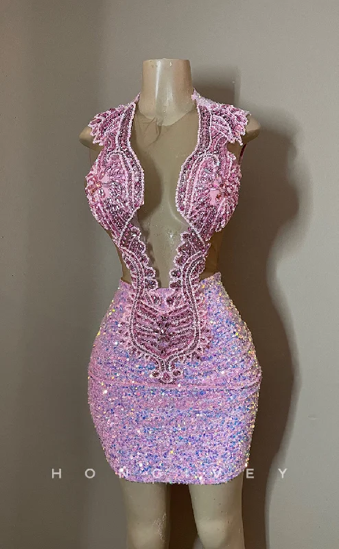 Embroidered Gown H2026 - Sexy Fitted Glitter Illusion Round Sleeveless Open Back Homecoming Dresses For Black Women Embroidered Gown H2026 - Sexy Fitted Glitter Illusion Round Sleeveless Open Back Homecoming Dresses For Black Women