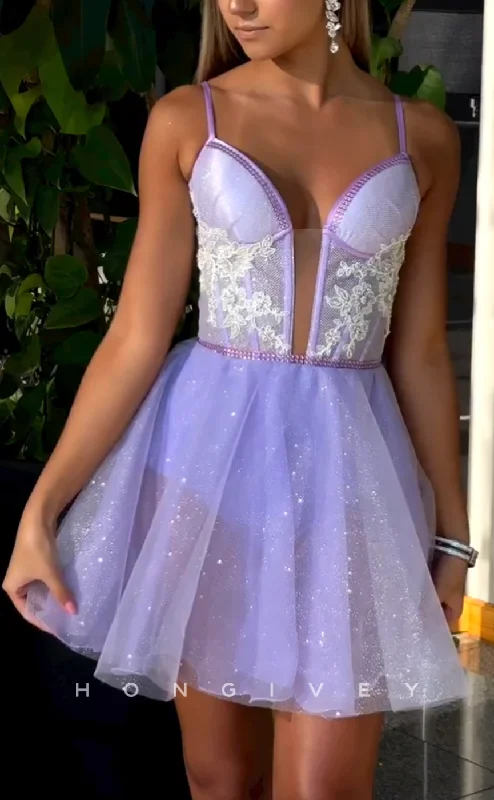 Taffeta Dress H2031 - Chic Glitter A-Line Spaghetti Straps Plunging Illusion Tulle Homecoming Dress Taffeta Dress H2031 - Chic Glitter A-Line Spaghetti Straps Plunging Illusion Tulle Homecoming Dress
