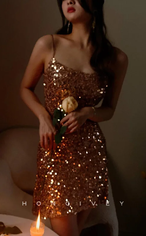 Pleated Gown H2050 - Sexy Fitted Glitter Square Spaghetti Straps Sequined Short Party/Homecoming Dress Pleated Gown H2050 - Sexy Fitted Glitter Square Spaghetti Straps Sequined Short Party/Homecoming Dress