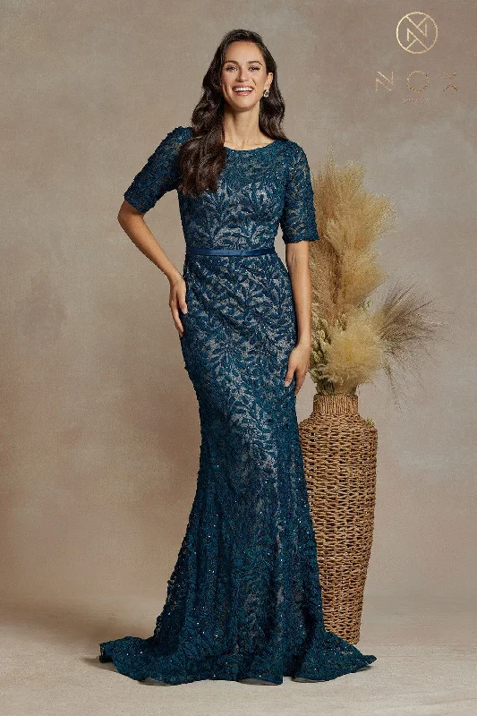 Elegant Evening Dress Fitted Applique Mid-Sleeve Gown by Nox Anabel JQ506