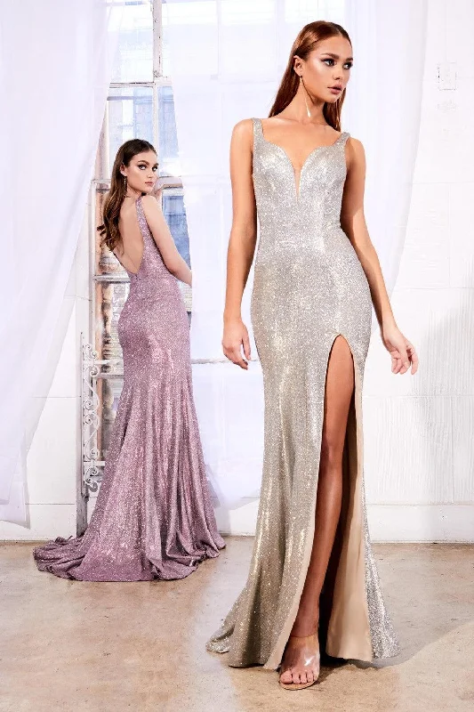Off-White Gown Cinderella Divine KC876 Long Metallic Prom Sexy Slit Gown