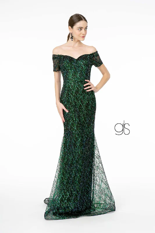 Floor-Length Satin Dress Glitter Tulle Short Sleeve Mermaid Long Prom Dress