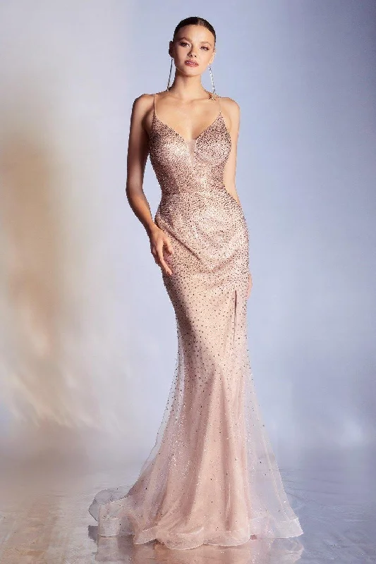 Polka Dot Gown Cinderella Divine CR861 Glittered Long Formal Prom Dress