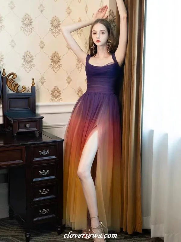 V-Neck Dress Gradient Color Tulle High Slit Mixi Bridesmaid Dresses, CB0326