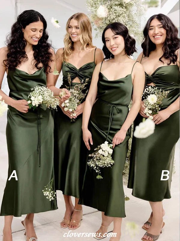 Regal Ball Gown Green Silk Satin Spaghetti Strap Mismatched Column Tea Length Bridesmaid Dresses, CB0310 Regal Ball Gown Green Silk Satin Spaghetti Strap Mismatched Column Tea Length Bridesmaid Dresses, CB0310