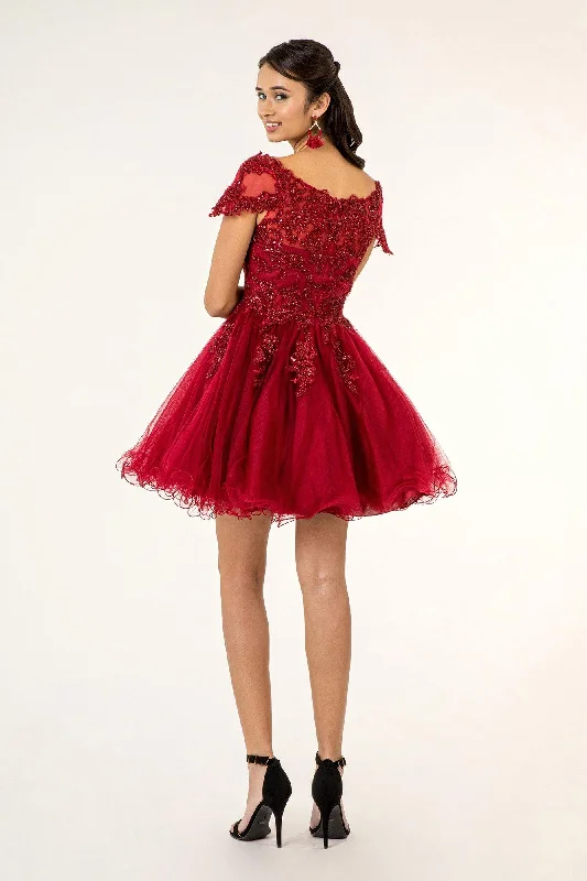 Glittering Evening Gown Homecoming Short Cap Sleeve Embroidered Prom Dress