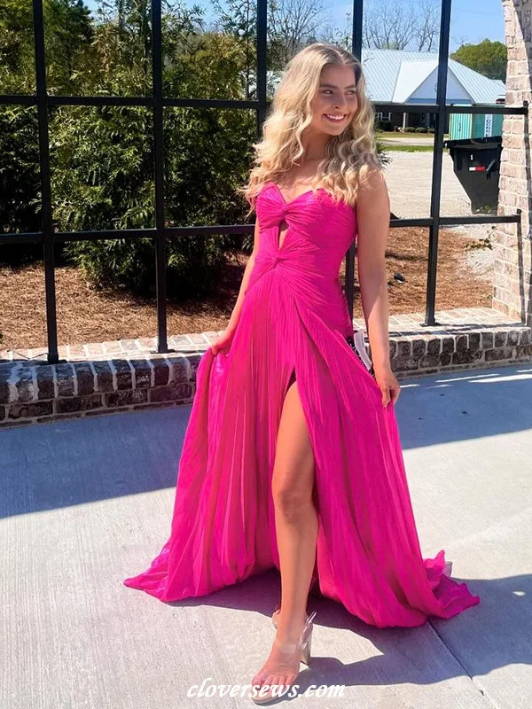 Maxi Formal Dress Hot Pink Pleating Chiffon Sweetheart Strapless A-line With Side Slit Long Bridesmaid Dresses, CB0323 Maxi Formal Dress Hot Pink Pleating Chiffon Sweetheart Strapless A-line With Side Slit Long Bridesmaid Dresses, CB0323
