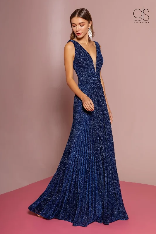 Polka Dot Gown Long Formal Metallic Pleaded Prom Dress