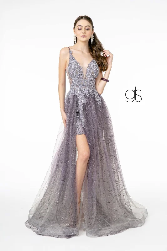 Fit And Flare Dress Illusion V-Neck Glitter Mesh Long Prom Dress