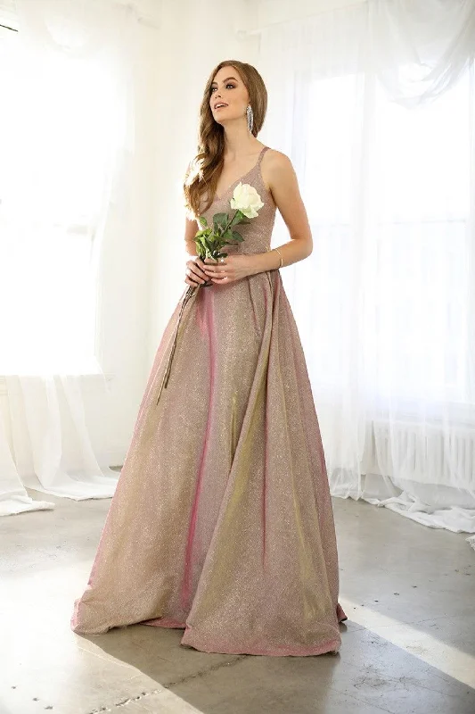 Lush Satin Gown Long Metallic V Neck Formal Prom Dress Evening Gown