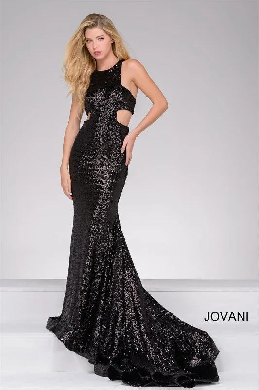 Pleated Gown Jovani 48334 Cut Out Sequined Long Prom Dress