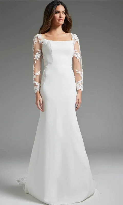 Structured Evening Gown Jovani JB42297 - Leaf Appliqued Square Neck Bridal Gown