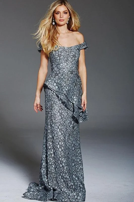 Delicate Lace Dress Jovani 60990 Off Shoulder Peplum Long Gown