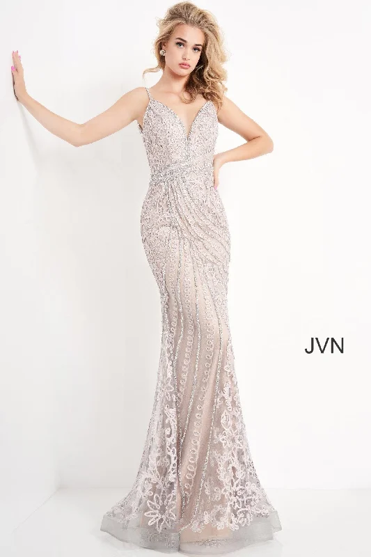 Delicate Lace Dress Jovani 04514 Open Back Embellished Long Evening Dress