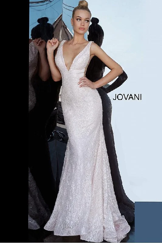 Maxi Formal Dress Jovani 65547 Plunging Neckline Lace Long Evening Dress