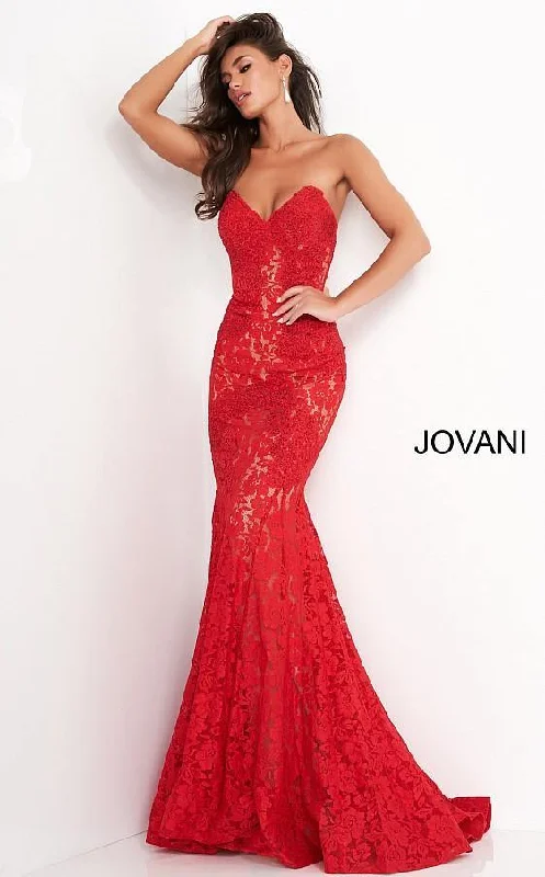 Bow Detail Dress Jovani 37334 Prom Long Strapless Formal Lace Dress