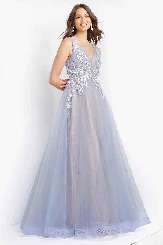 Puffy Sleeve Dress Jovani 07638 Sequin Long Plunging Neck Dress