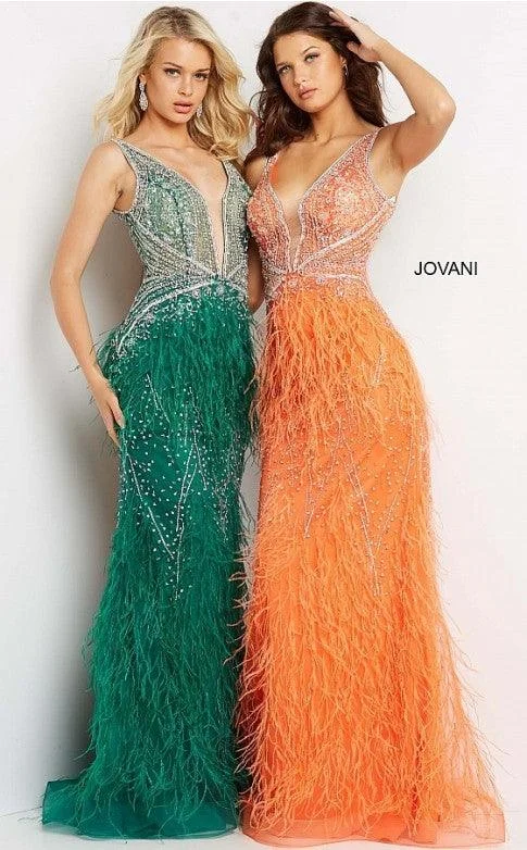 Formal Red Dress Jovani 03023 Prom Long Sleeveless Feather Dress