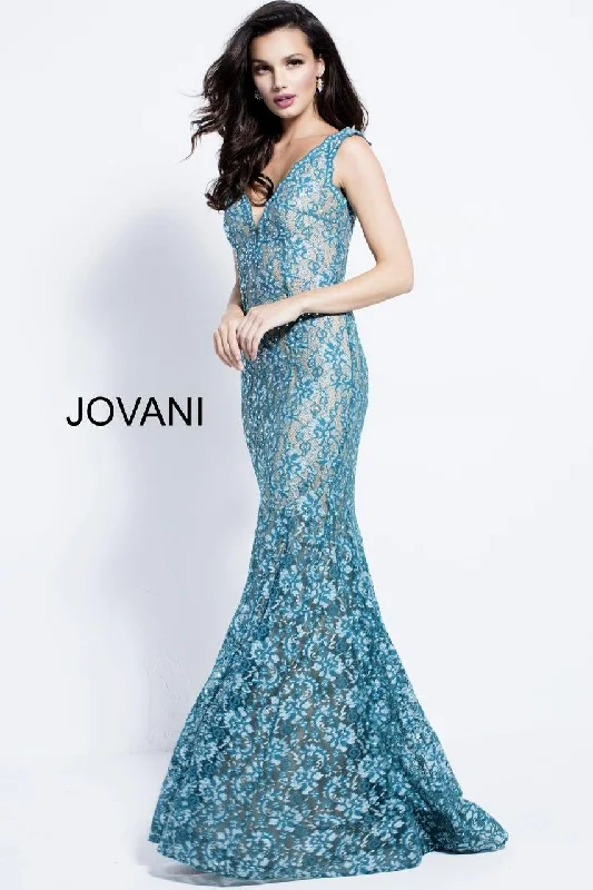 Polka Dot Gown Jovani 57046 V-Neck Lace Mermaid Long Prom Dress