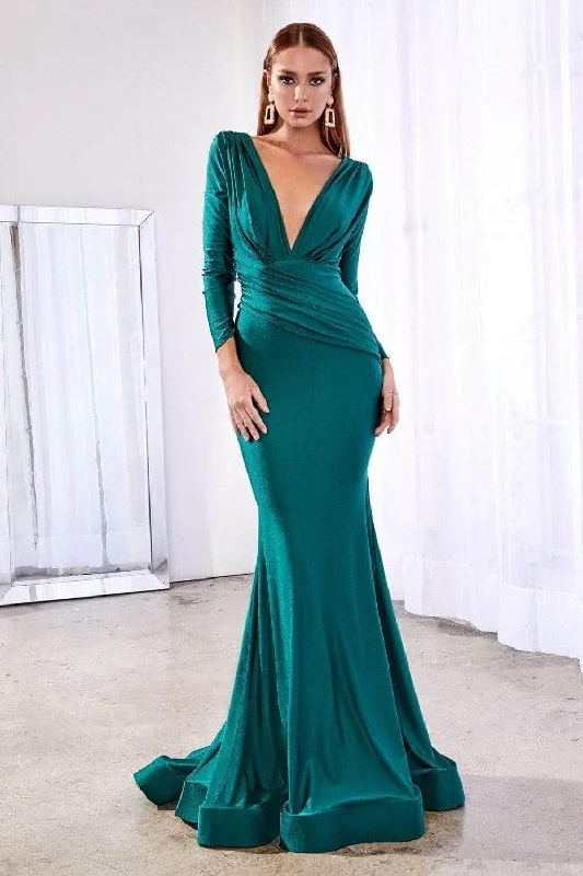 Embroidered Gown Ladivine CD0168 - Long Sleeve Draped Evening Dress