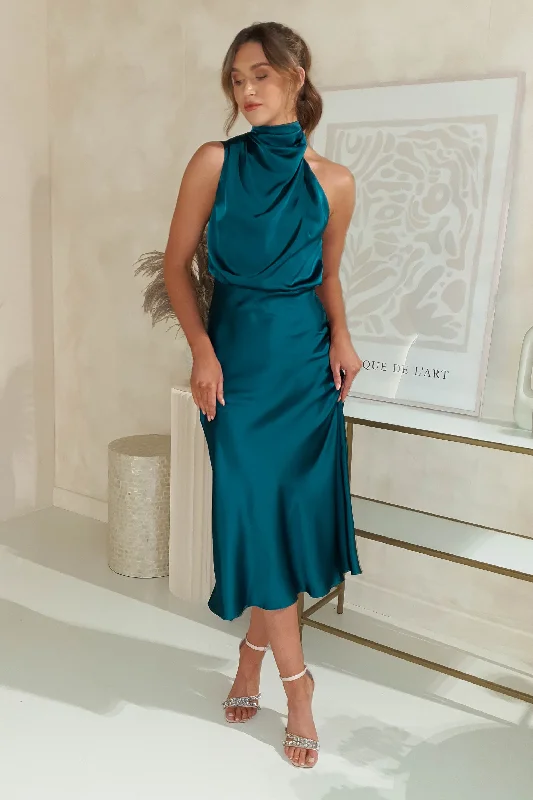 Artistic Embroidered Dress Layla Satin Print High Neck Midi Dress | Teal