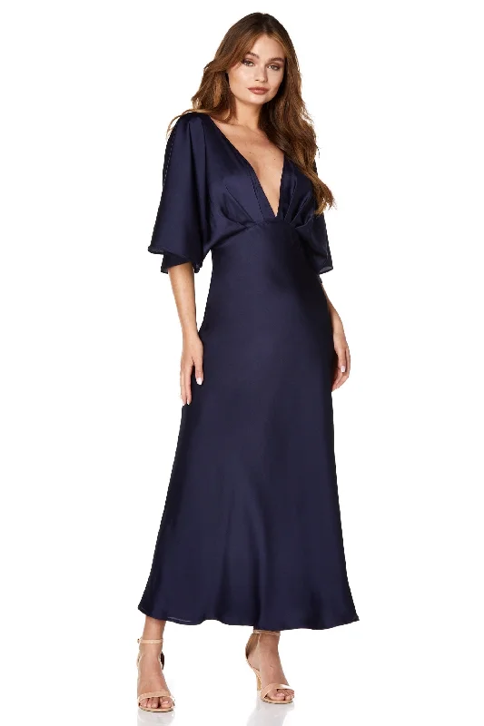 Show-Stopping Evening Gown Lee Deep V Neck & Back Midi Dress with Bell Sleeves