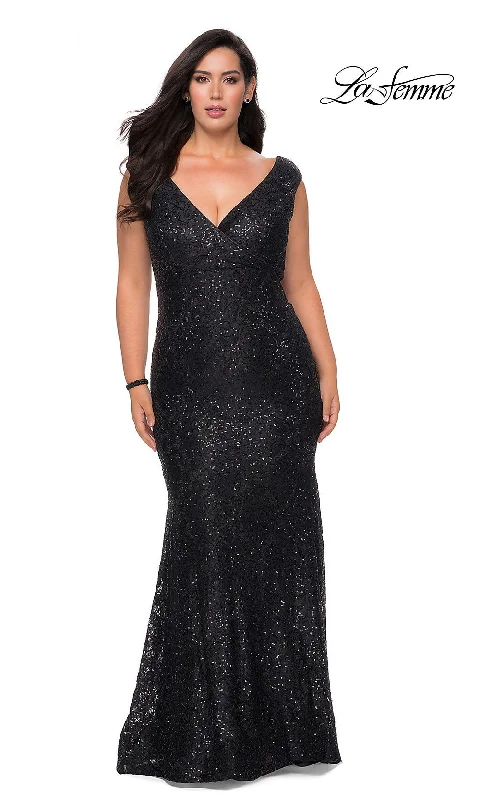 Romantic Floral Dress La Femme Long Plus-Size Sequin-Lace Prom Dress