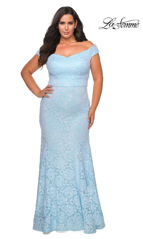 Lush Satin Gown Off-the-Shoulder Long Shimmer Lace Plus Prom Dress