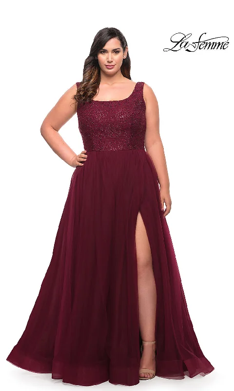 Vivid Color Gown La Femme Long Lace-Bodice Plus-Size Prom Dress