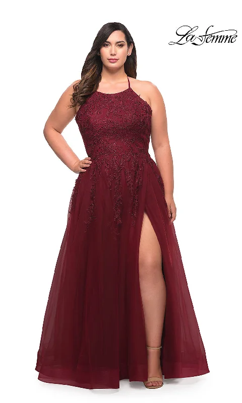 Asymmetrical Gown Corset-Back Long La Femme Plus-Size Prom Dress