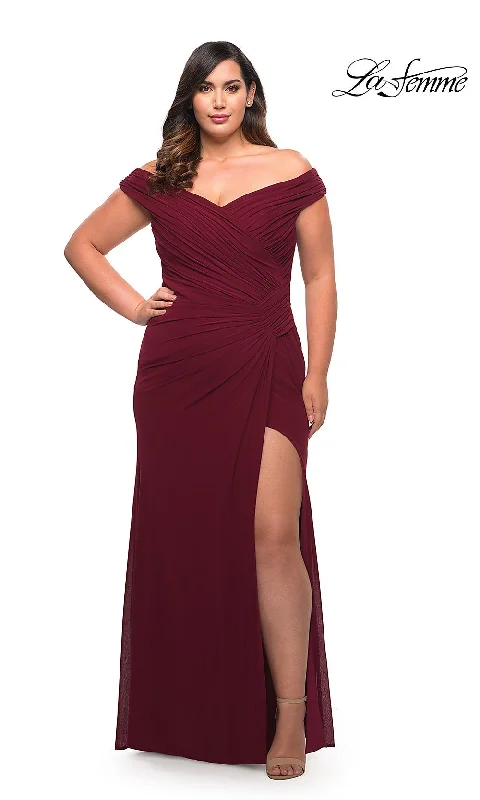 Draped Formal Dress La Femme Off-the-Shoulder Long Plus-Size Gown
