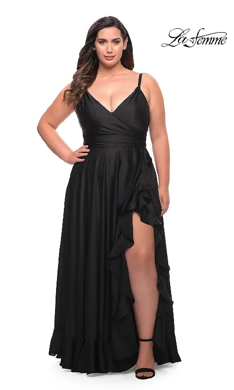 Polka Dot Gown La Femme Long Plus-Size Prom Dress with Ruffle