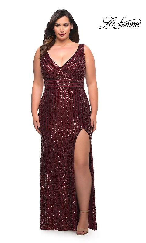 Rose Gold Dress La Femme Striped Sequin Long Plus-Size Prom Dress