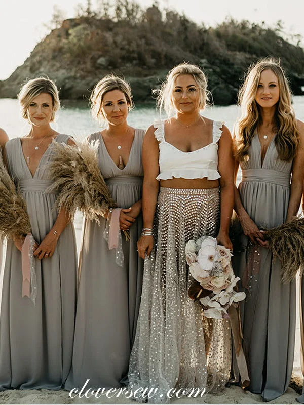 Cocktail Dress Ligh Grey High Waist V-neck A-line Long Cheap Bridesmaid Dresses, CB0285