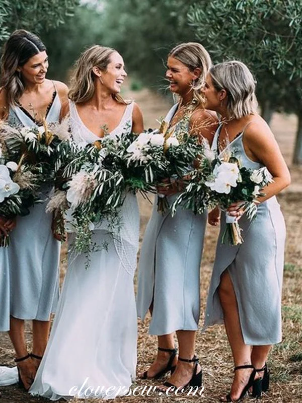 Structured Evening Gown Light Blue Elastic Satin V-neck Tea-length Column With Slit Bridesmaid Dresses, CB0300 Structured Evening Gown Light Blue Elastic Satin V-neck Tea-length Column With Slit Bridesmaid Dresses, CB0300